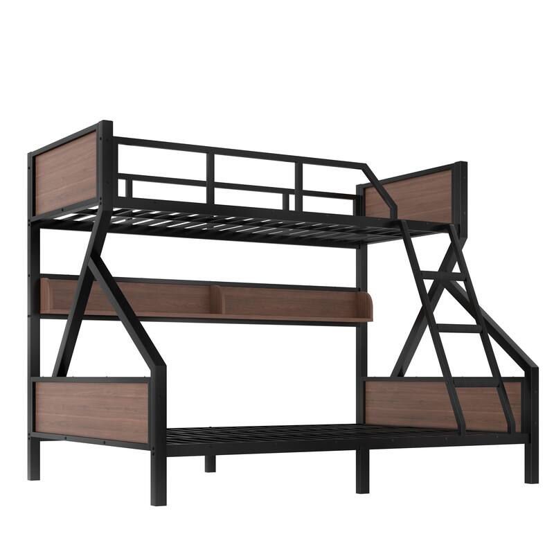 Twin XL over Queen Metal Bunk Bed with Storage Shelves and LED Lights, Space-saving Design, Black