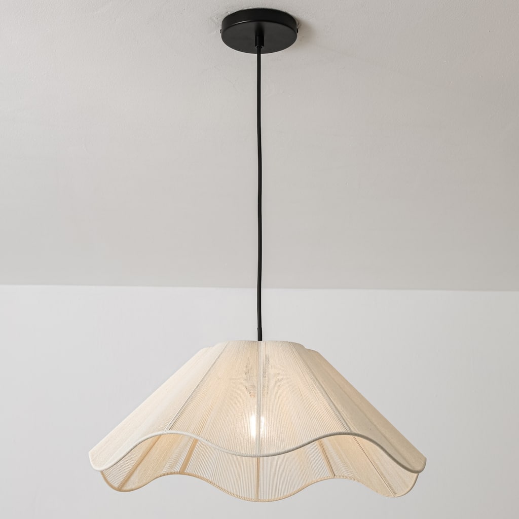 Rennnsan 1-Light Modern Farmhouse Beige Wavy Fabric Pendant Light for Dining Room - 19.7 in. W x 7.5 in. H
