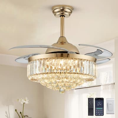 48 in. LED Modern Crystal Chandelier Retractable Ceiling Fan with Dimmable Light and Remote for Bedroom Living Room