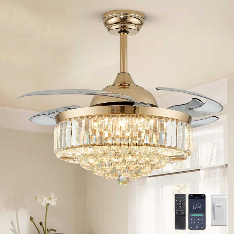 48 in. Indoor Modern Ceiling Fan with Light Gold Retractable Crystal Chandelier Fan with Remote for Kitchen Living Room