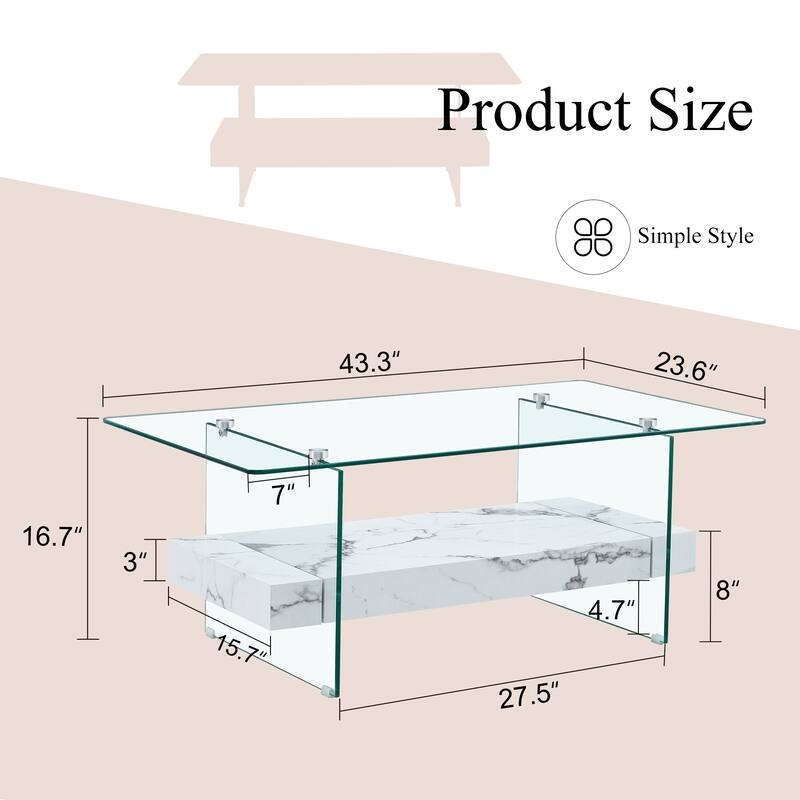 Modern Rectangular 2-Tier Coffee Table Multifunctional Coffee Table with Storage Space and Non-slip Feet, for Living Room