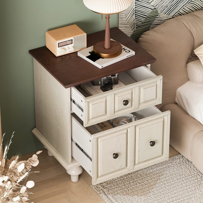 Vintage 2-Drawer Nightstand with Solid Wood Legs for Bedroom Storage Organization
