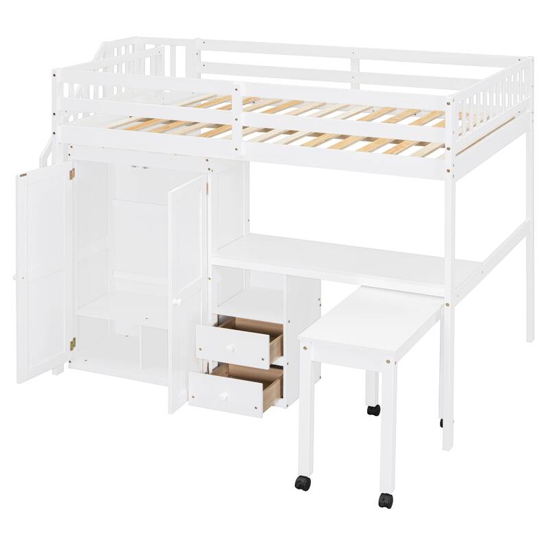 Multifunctional Full Size Loft Bed with Stairs, Bookshelf, Drawers, Desk & Wardrobe - White
