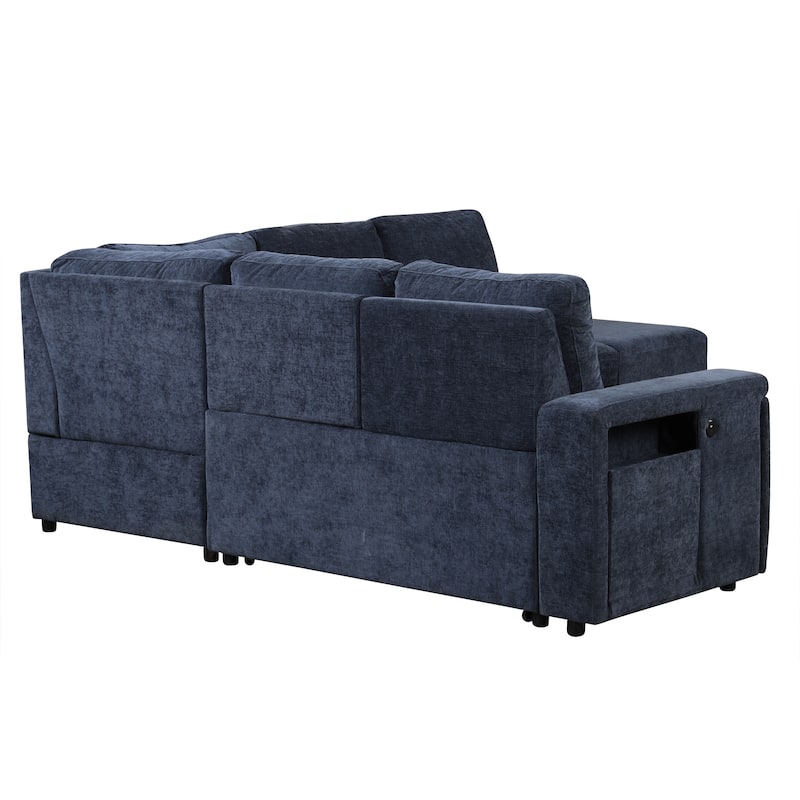 Blue 90.6'' L-Shaped 6-Seat Modular Sofa with Built-In Storage and USB Ports