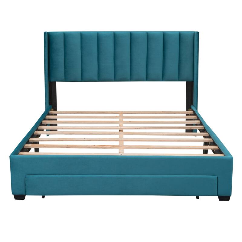 Velvet Upholstered Platform Bed with a Big Drawer,Full/Queen Size