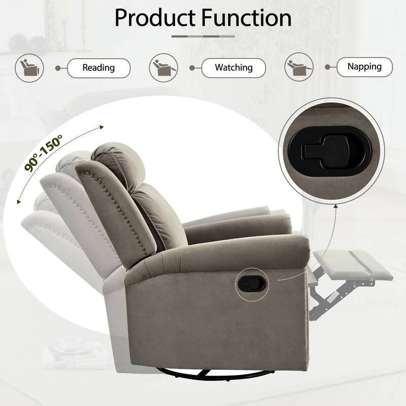 Home Theater Swivel Recliner Chair, Manual Rocking Nursery Rocker w/Adjustable Backrest Rolled Arms Lounge Chair with Rivet Trim
