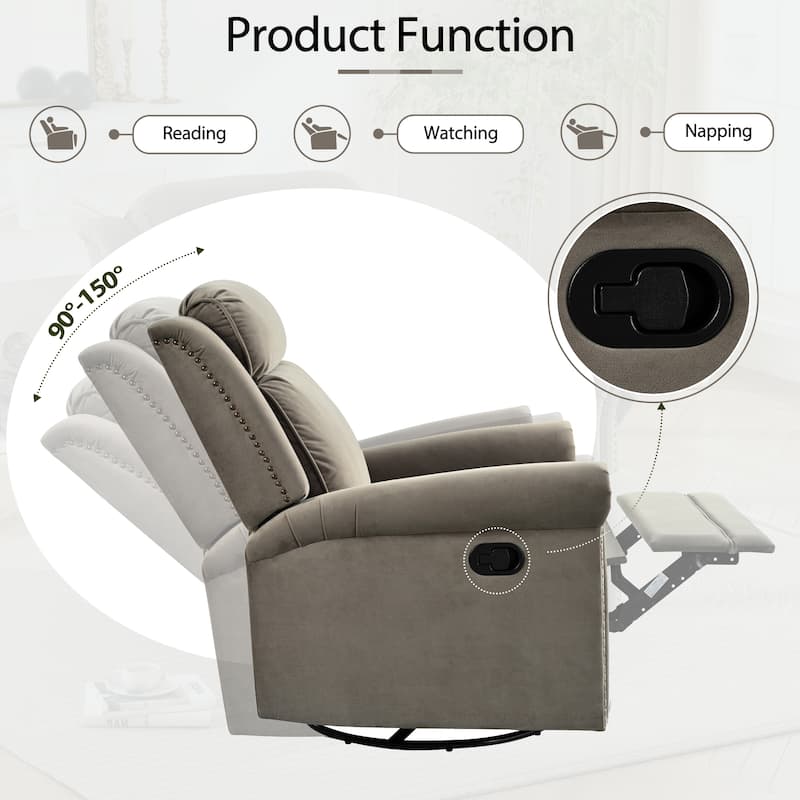 Roomfitters 360 Degree Swivel Rocking Recliner Chair with Adjustable Backrest, Velvet Nursery Glider