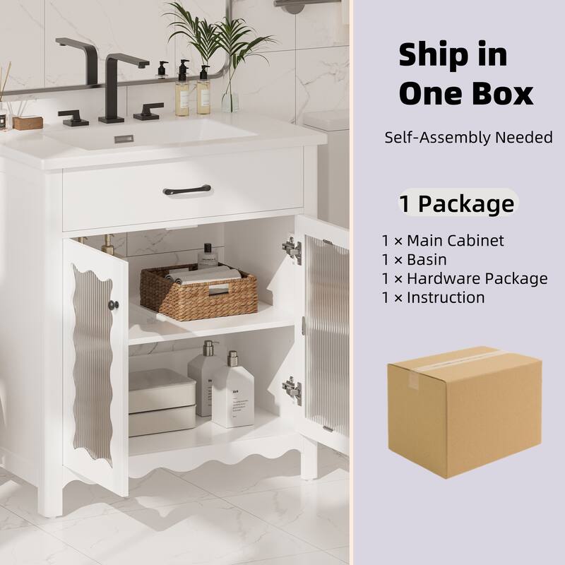 Bathroom Vanity with Sink, Bathroom Cabinet with Tempered Glass Doors & Adjustable Shelves, Wood Bathroom Storage Cabinet