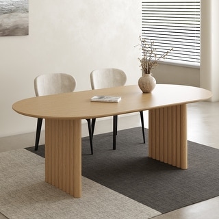 Solid Wood Oval Dining Table with Striped Pedestals for 6-8 People ...