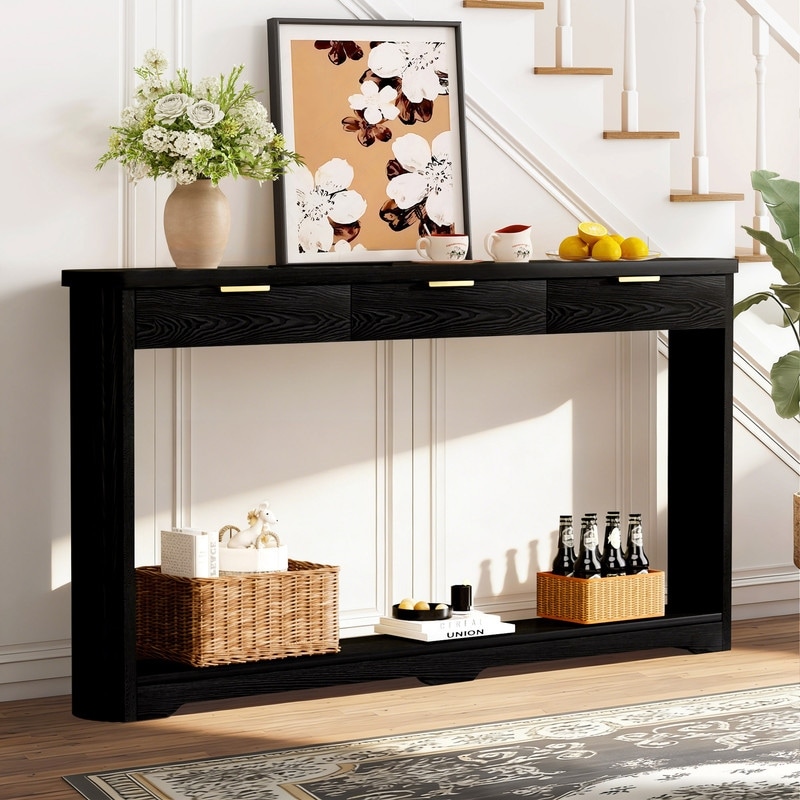 Narrow 70" Wavy-Patterned Sofa Table with 3 Drawers for Slim Storage Behind a Sofa in Living Room Decor