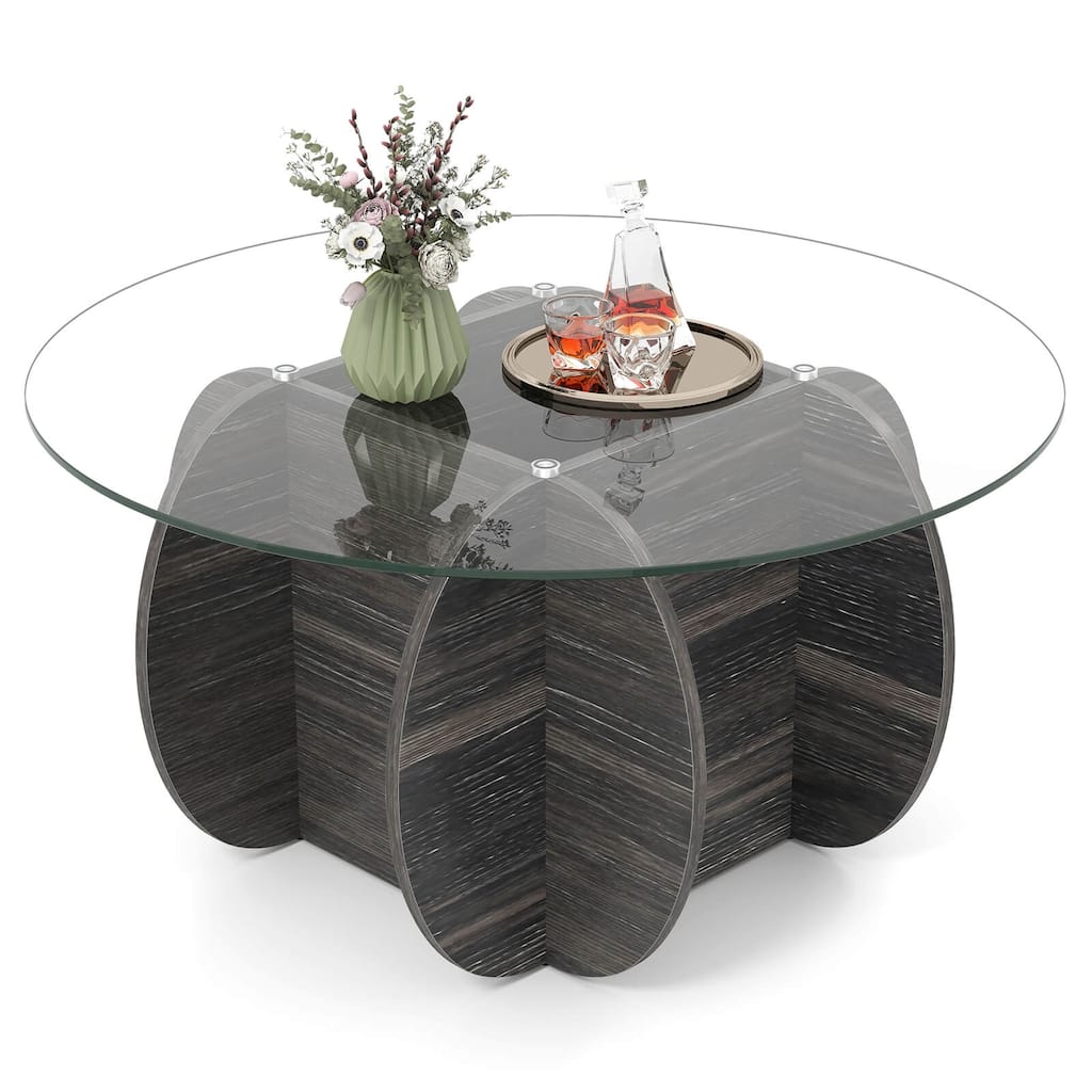 Costway 35" Round Coffee Table Modern Accent Table with Tempered Glass - Dark Rustic Oak - See Details
