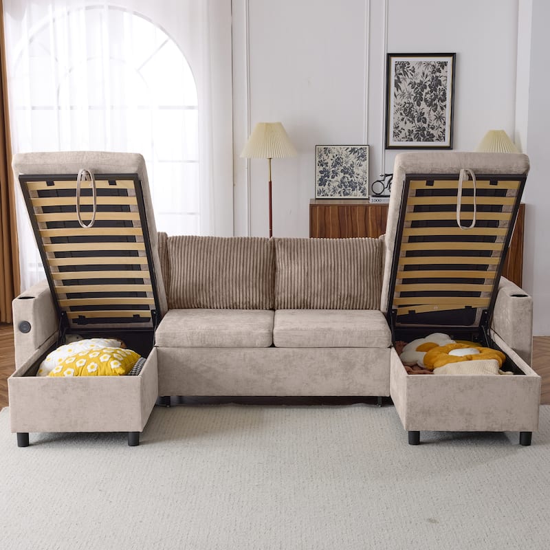 Corduroy L-shaped Sofa Sectional Sofa with 2 USB Ports and 2 Power Sockets, Storage Drawer Settee for Living Room