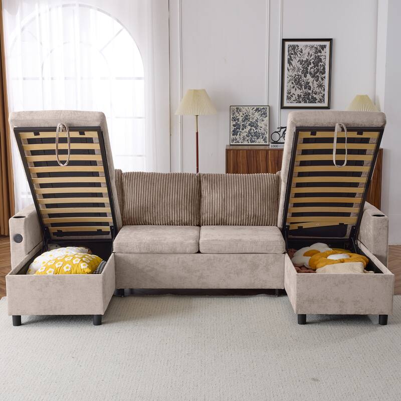 Multifunctional Sectional Sofa Bed with Pull-Out Sleeper, Dual Storage Chaises, USB Ports and Cup Holders for Living Room