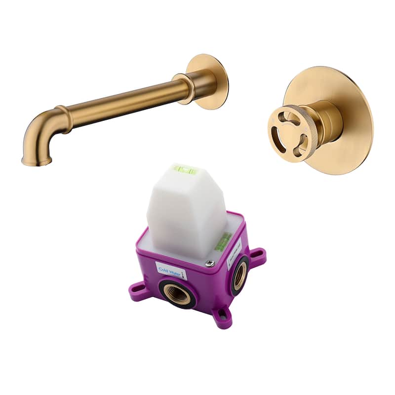 Modern Wall Mounted 2-Hole Bathroom Faucet Widespread with Wheel Handle in Black/Gold - Brushed Gold