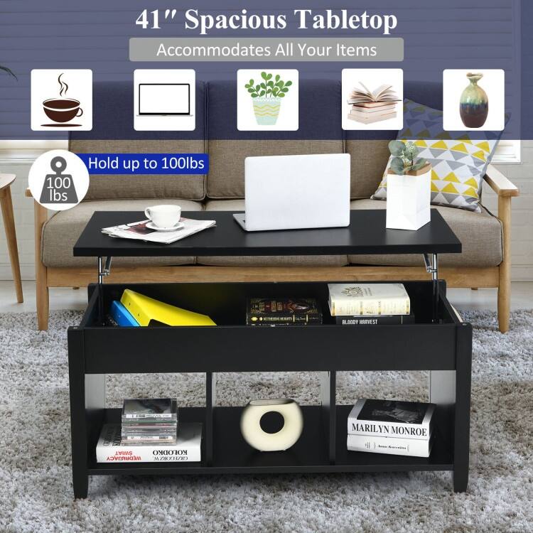 Modern Lift Top Coffee Table with Storage and Solid Wood Legs - 41" x 19.5" x (19" - 24.5")