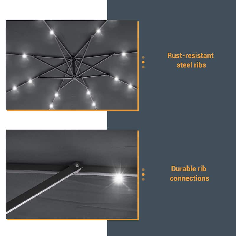 10Ft LED Patio Offset Umbrella Hanging Circle Umbrellas,w/Cross Base