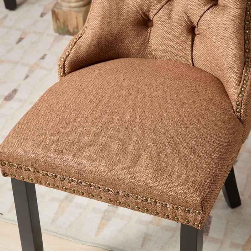 Modern High-end Tufted Solid Wood Contemporary Flax Upholstered Linen Dining Chair w/ Wood Legs Nailhead Trim 2 - Pcs Set