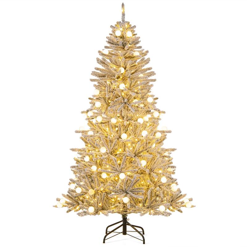 Costway 6/7/8 FT Snow-flocked Artificial Christmas Tree with 51/65/81 - Green & White - See Details - 6 Foot