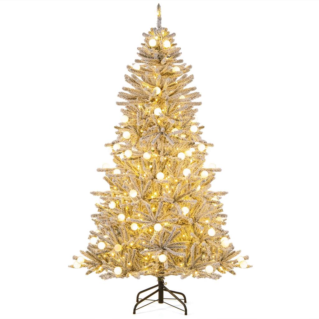Gymax 6/7/8 FT Snow-flocked Artificial Christmas Tree w/51/65/81 - Green+White