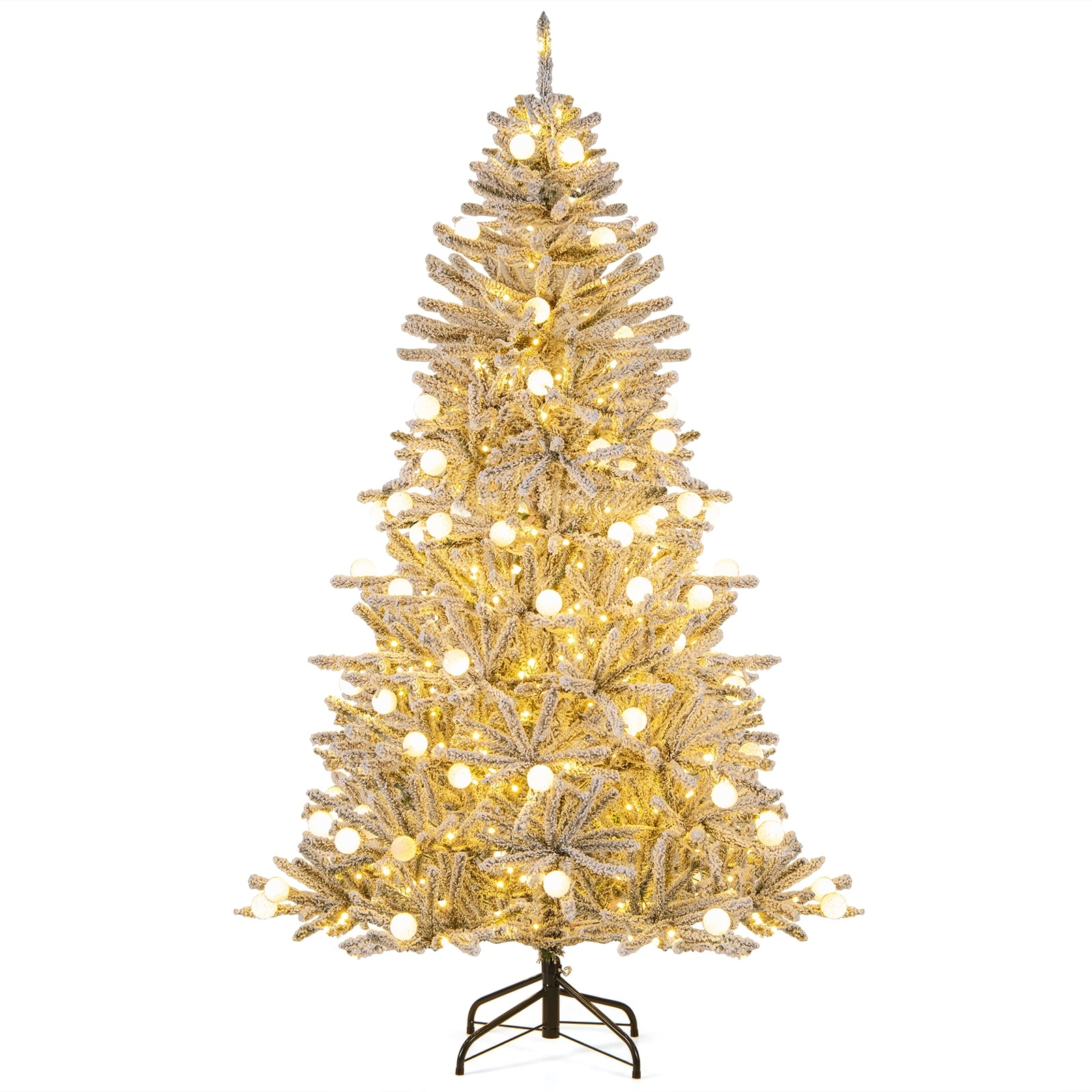 Gymax 6/7/8 FT Snow-flocked Artificial Christmas Tree w/51/65/81 - Green+White