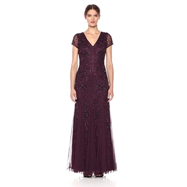 Adrianna Papell Short Sleeve Fully Beaded Long Gown Grid Pattern. Opens flyout.