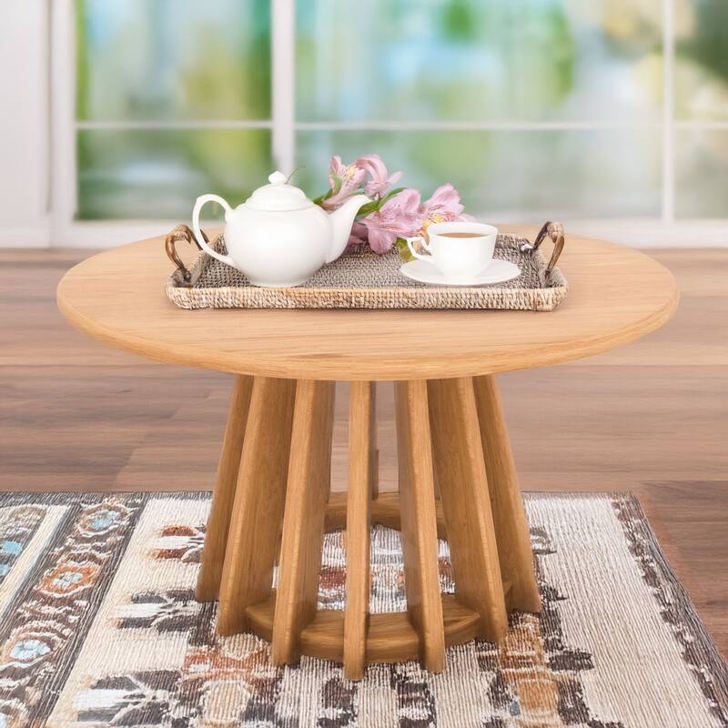 Mid-Century Round Coffee Table with Blonde Wood Finish Slatted Base - 31x18