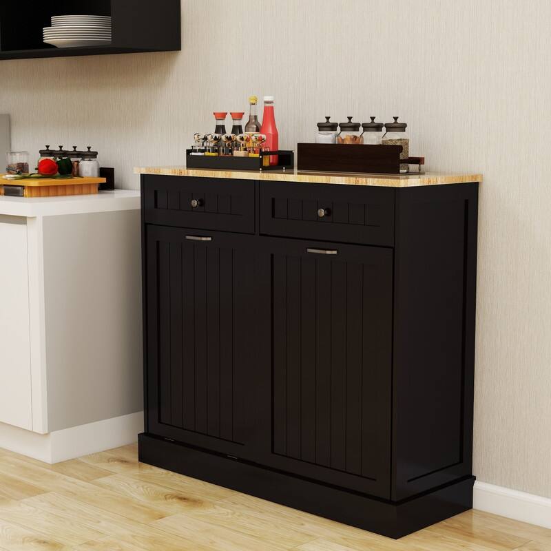 Two-Compartment Tilt-Out Trash Cabinet Kitchen Trash Cabinet w/2 Drawers