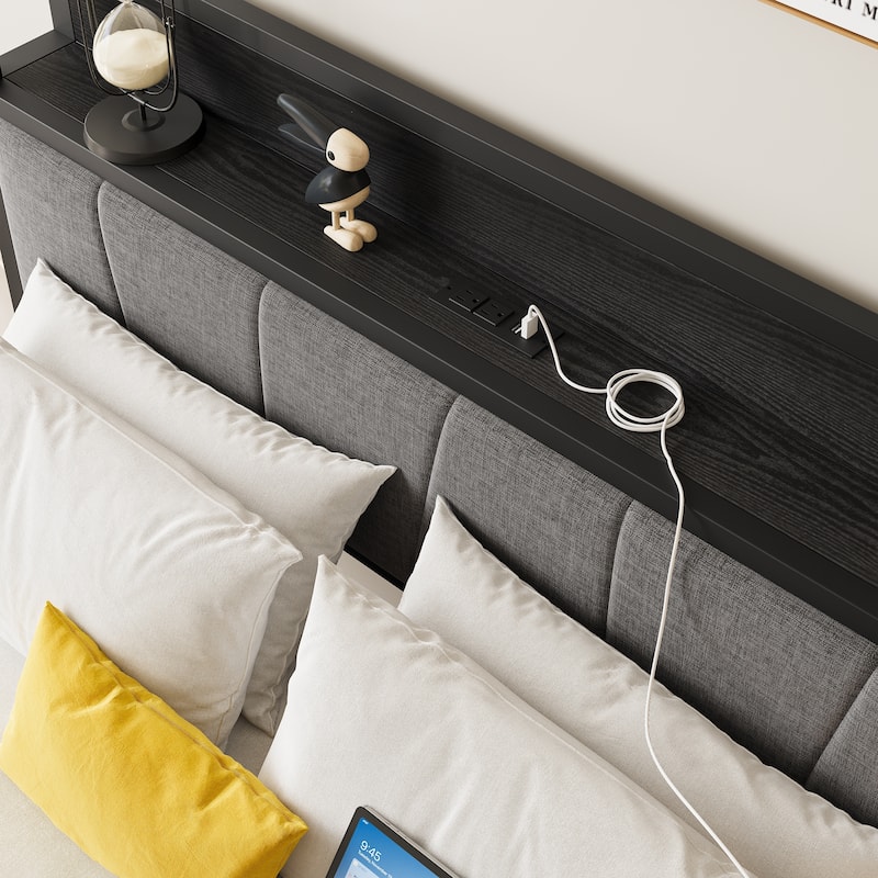 Full Size Bed Frame, Storage Headboard with Charging Station, Solid and Stable, No Box Spring Needed, Easy Assembly