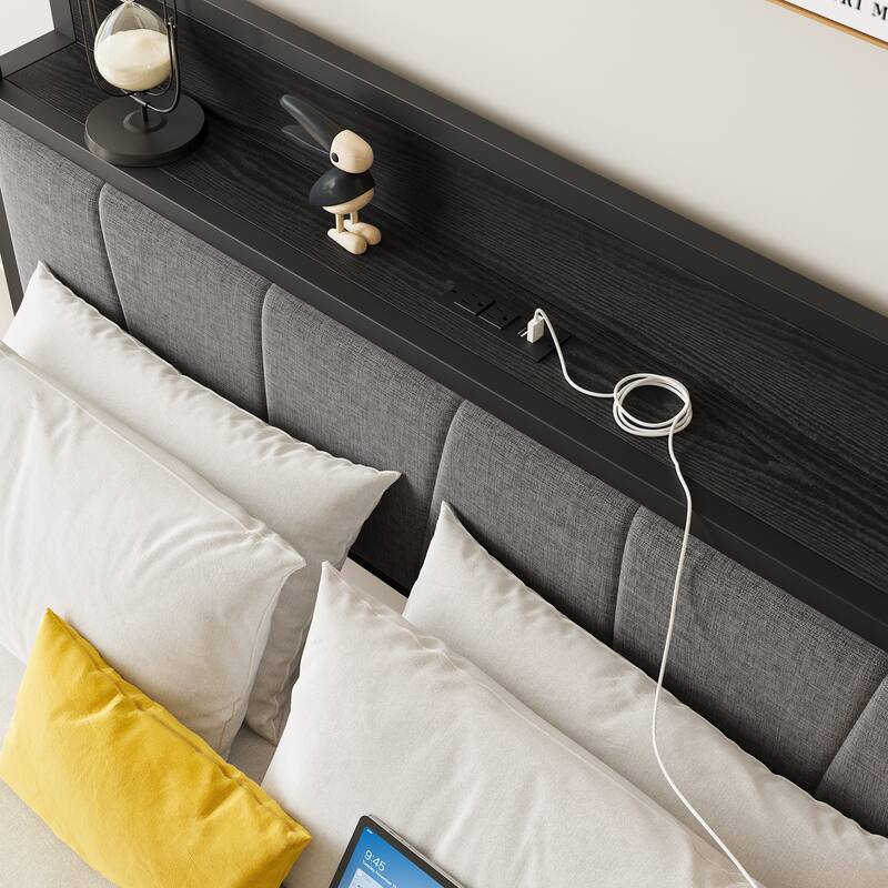 Queen/Full/Twin Size Bed Frame with Storage Headboard and Charging Station, Noise Free