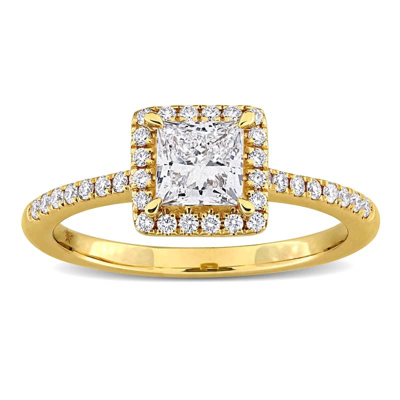 1ct TW Princess Round-Cut Lab-Grown Diamond Halo Engagement Ring in 14k Yellow Gold