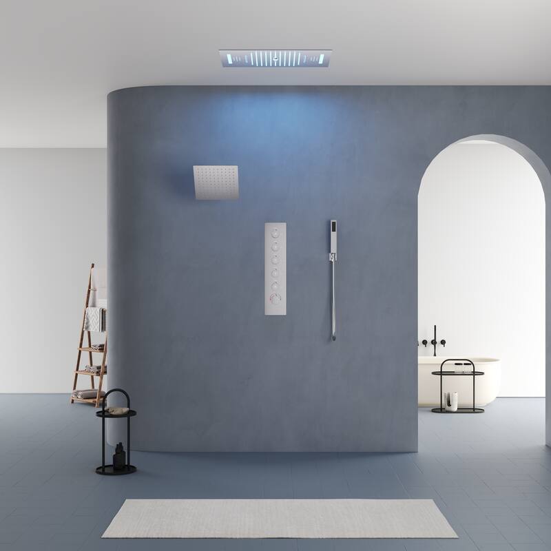 Dual Shower Heads System with 3 Spray Modes 22"*15" Ceiling and 6" Wall Mount Body Jets Handheld Spray LED Music
