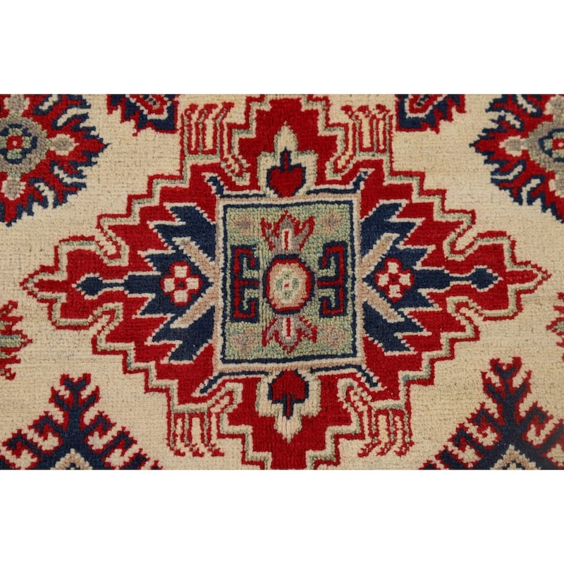 Geometric Ivory Kazak Oriental Accent Rug Handmade Wool Carpet - 3'5" x 4'11"