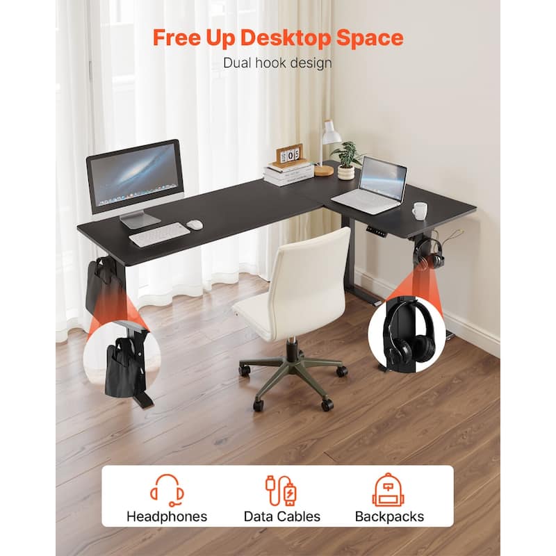 Black Particleboard and Carbon Steel L-Shaped Electric Desk with Height Adjustable Dual Motors