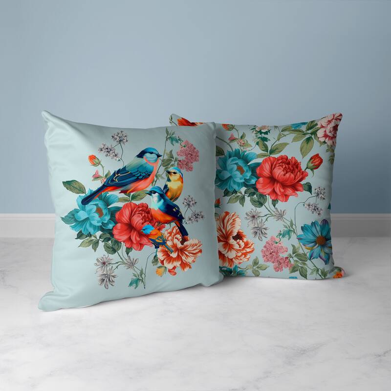 Petal Perched Birds Faux Suede Reversible Throw Pillow Mint and Red