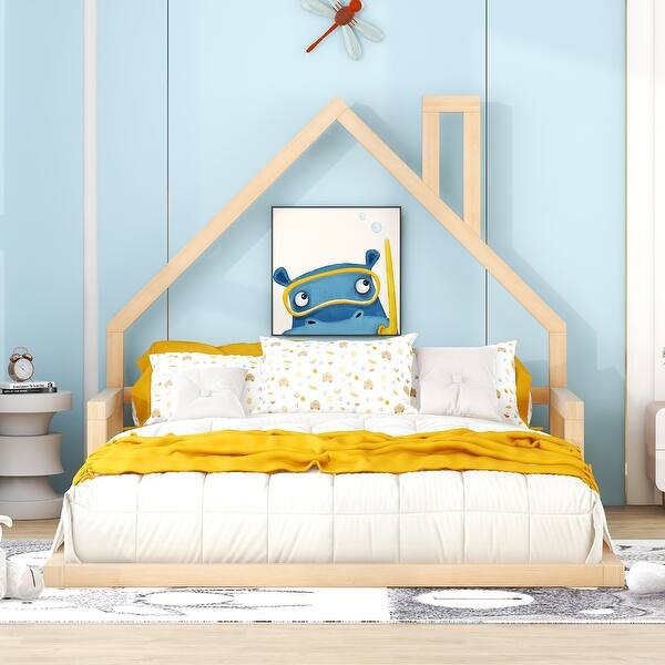 slide 2 of 10, Full Size Wooden Floor Bed with House-shaped Headboard,Modern Style Natural