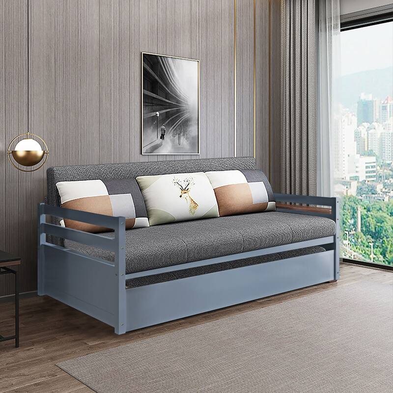 Costway Twin Size Trundle Daybed Wooden Slat Support Mattress Platform