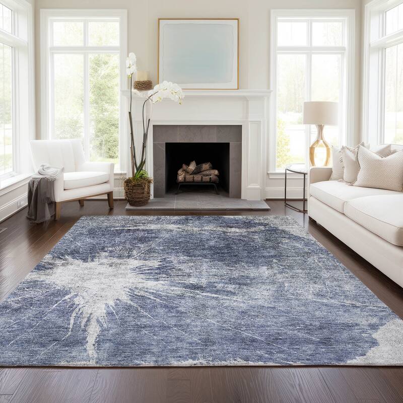 Machine Washable Indoor/ Outdoor Chantille Modern Tree Grain Rug - Navy - 5' x 7'6"