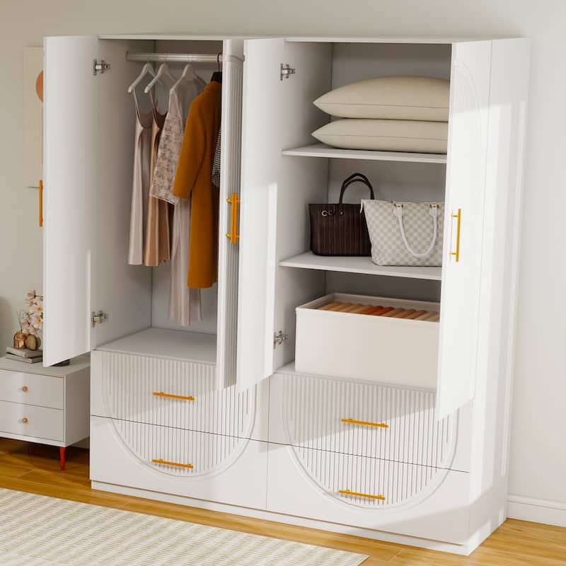 Armoire Wardrobe Closet with Drawer and Shelves, Freestanding Wooden Bedroom Armoire Closet with Hanging Rod