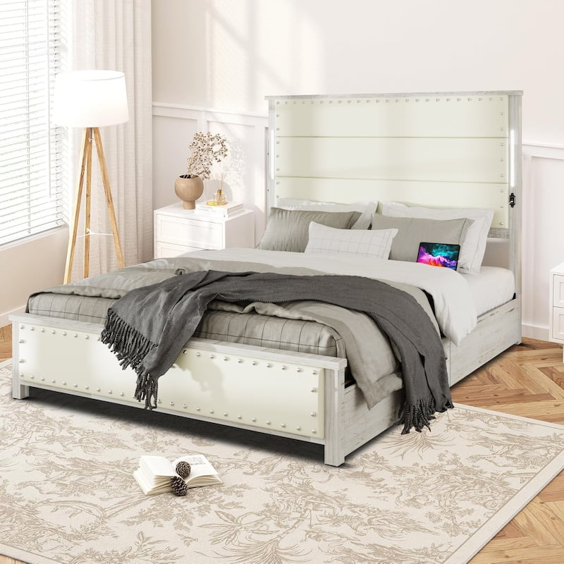 Modern luxury style upholstered bed frame with LED lighted headboard, charging port and nailhead trim, drawers for bedroom - Queen