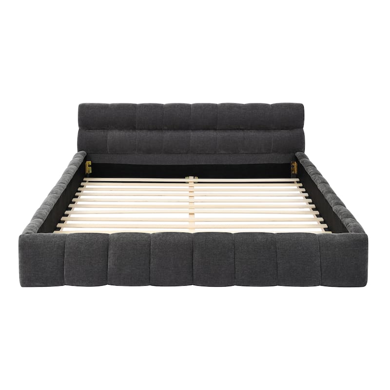 Block Thick Chenille Low Profile Platform Bed Fabric Upholstered Bedframe with Headboard Solid Wood Frame - Optional Storage Bed