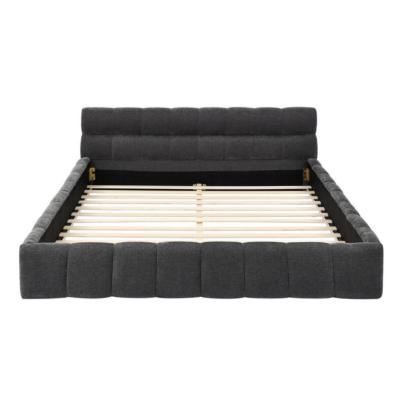 Queen Size Upholstered Bed Frame with Thick Fabric, Chenille Fabric Grounded Queen Platform Bed with Headboard and Solid Frame