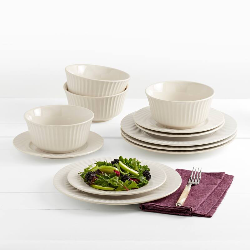 Tabletops Gallery Richmond Collection- 12 Piece Stoneware Embossed Dinnerware Set in Ivory
