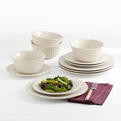 Tabletops Gallery Richmond Collection- 12 Piece Stoneware Embossed Dinnerware Set in Ivory
