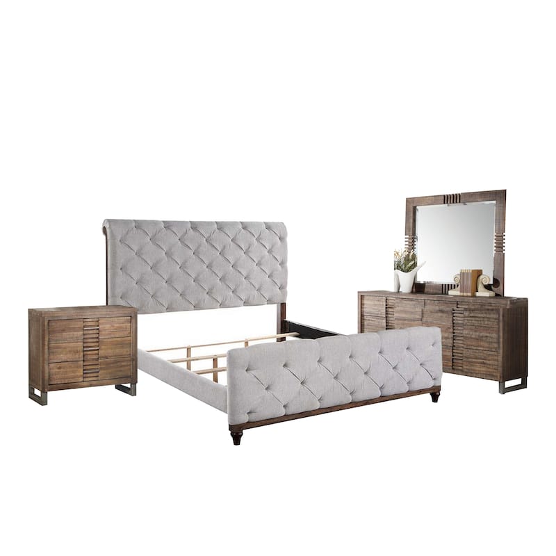 Liza Four Pc Queen Bedroom Set, Tufted Gray Upholstery, Brown Wood, Nickel Sled Base