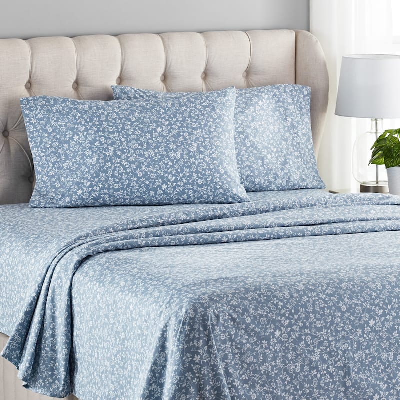 4Piece Count Blue Floral Print Cotton Blend Bed Sheet Set On Sale