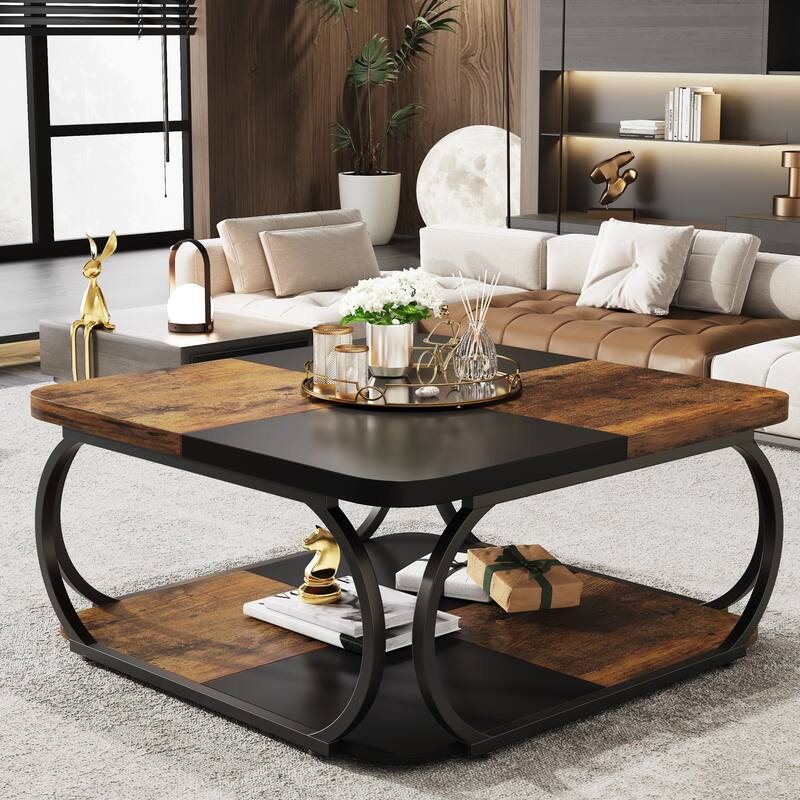 2-tier Square Coffee Table with Curved Metal Frame for Living Room - Brown+Black