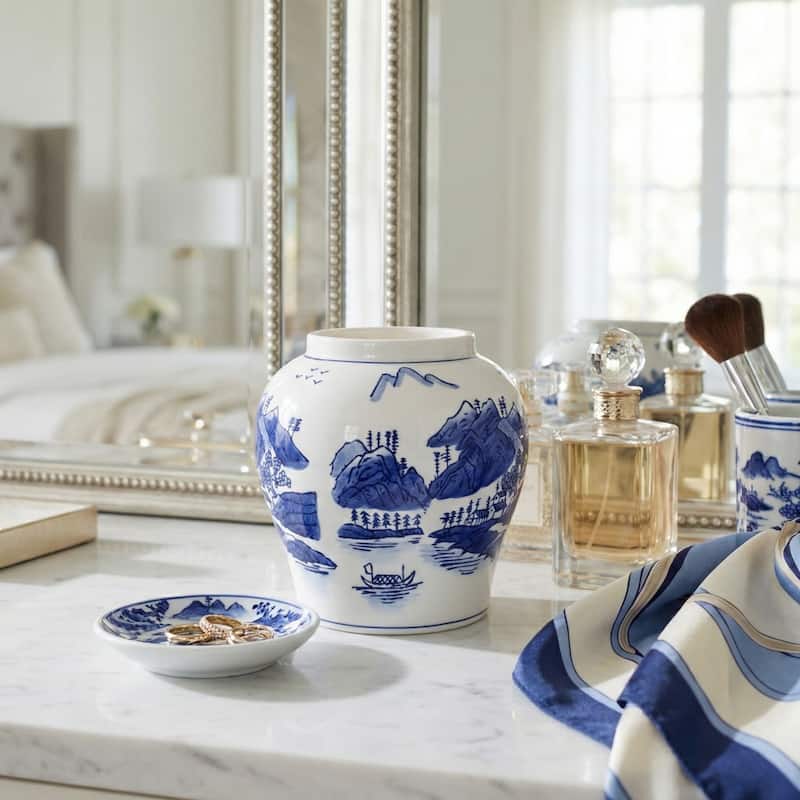 Chinoiserie Ceramic Candle - Neroli and Basil Scent - 7", Blue - 7.0"