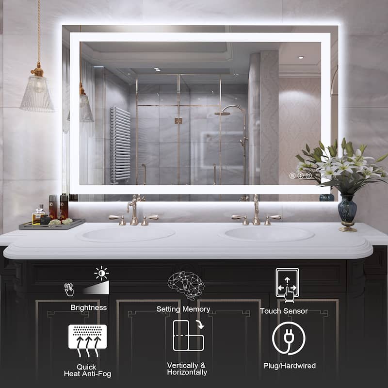 48 in. W x 32 in. H Rectangular Tempered Glass Frameless Anti-Fog Dimmable Wall Mounted Bathroom Vanity Mirror