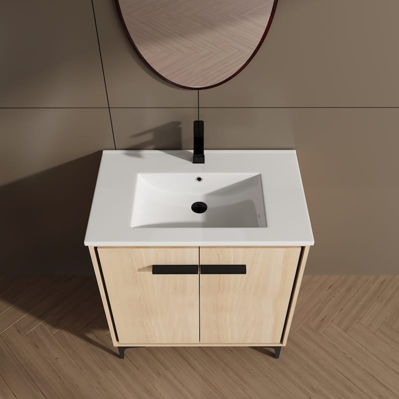 GDFStudio - Denton Modern Freestanding Bathroom Vanity Cabinet with Ceramic Sink, Soft Close Doors & Metal Tripod - 30"