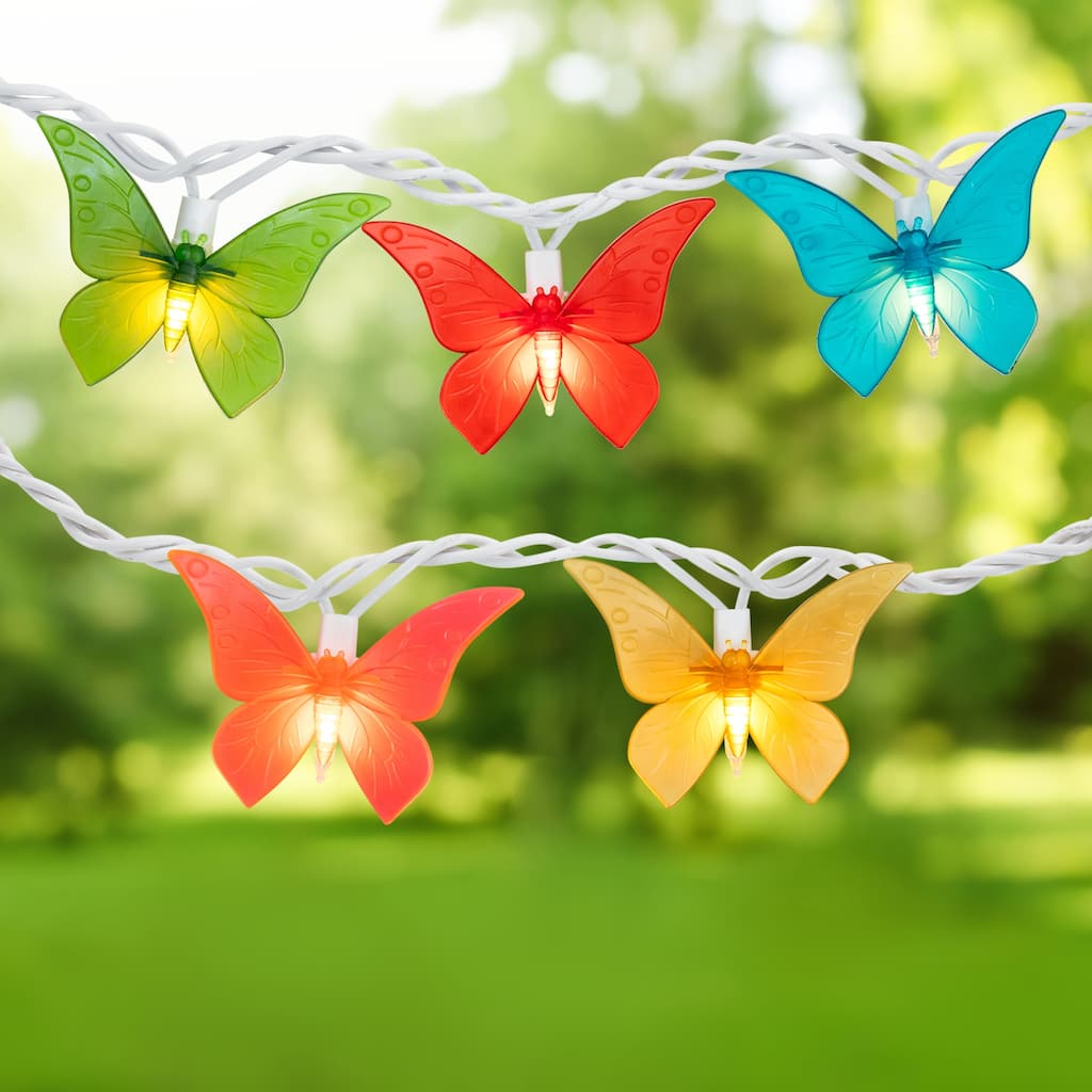 10ct Colored Summer Butterfly Patio String Light Set 9ft White Wire